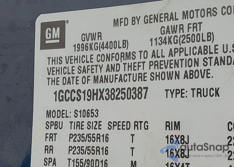 2003 Chevrolet S-10 Ls из США, поврежденный, VIN 1GCCS19HX38250387